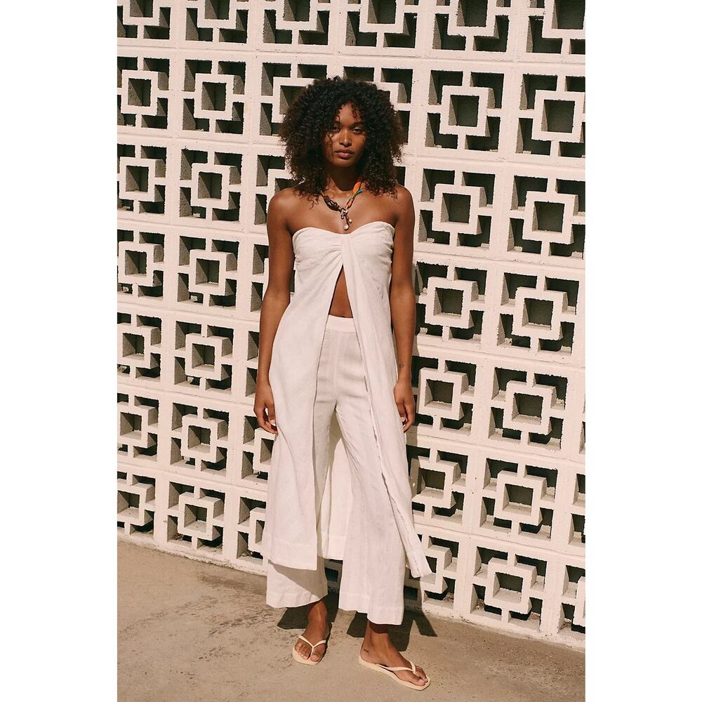 Free People Endless Summer XL Banita Set Khaki Ivory Strapless Top Wide Leg Pant